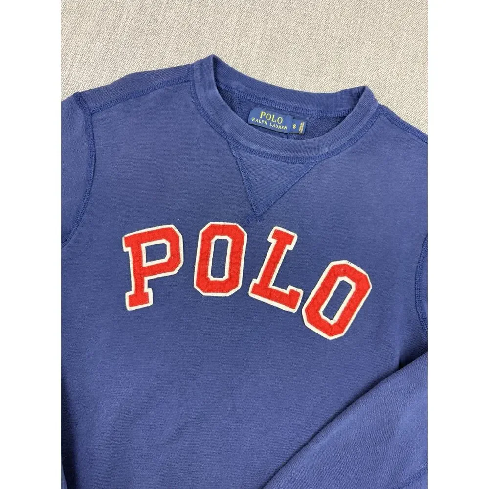 Polo Ralph Lauren Sweatshirt Small Blue Fleece Crewneck Spell Out Logo